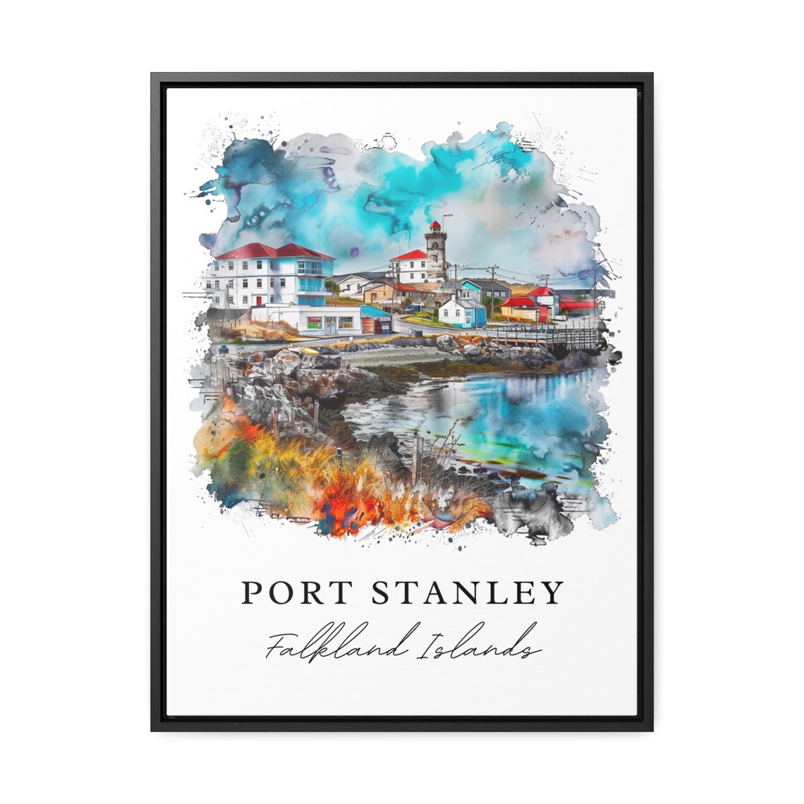 Port Stanley Falkland Islands Harbor Watercolor Travel Poster - Image 2