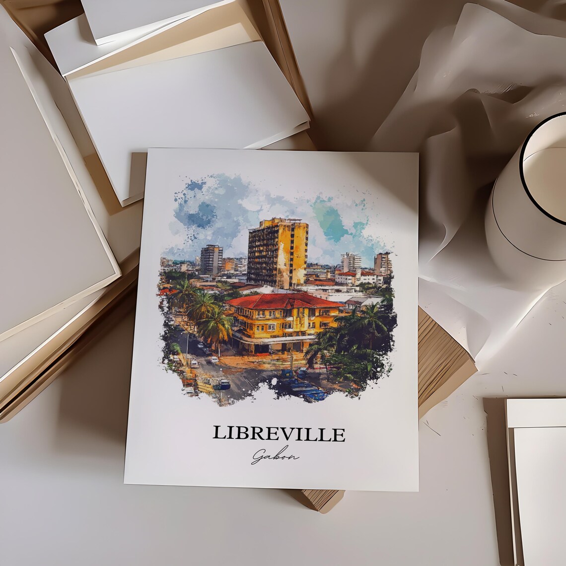 Libreville Gabon City Street Palm Trees Watercolor Art Poster - Image 3