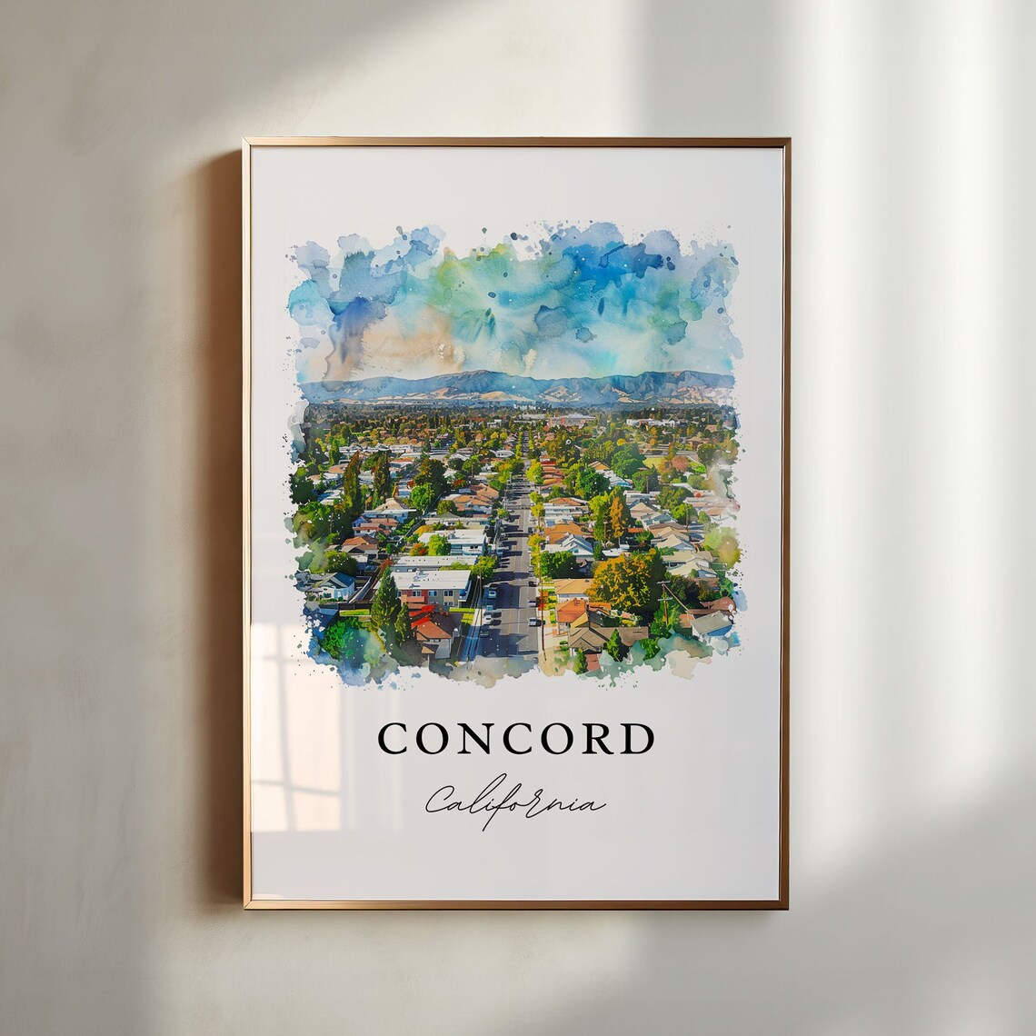 Concord California Watercolor Suburb Aerial Hills View Poster