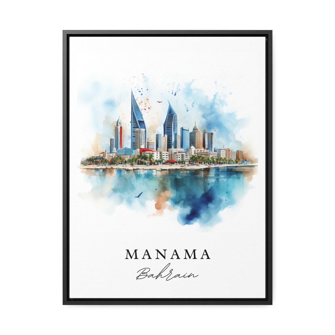 Manama Bahrain Watercolor Art Waterfront Skyscraper Skyline Poster - Image 2