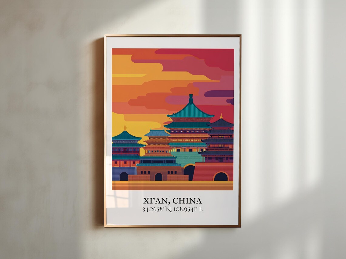 Xi An China Colorful Temple Sunset Skyline Coordinates Travel Poster - Image 3