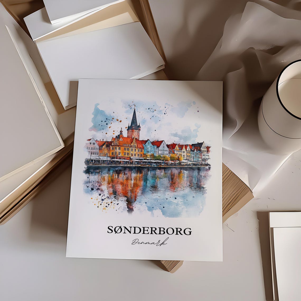 Sonderborg Denmark Harbor Church Spire Reflection Watercolor Poster - Image 4