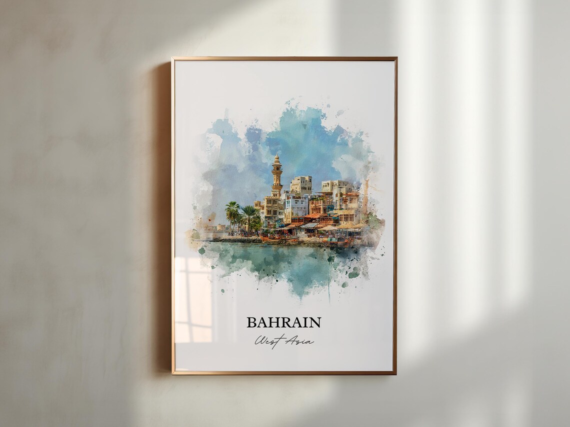 Bahrain West Asia Waterfront Old Town Boats Watercolor Travel Poster - Image 5