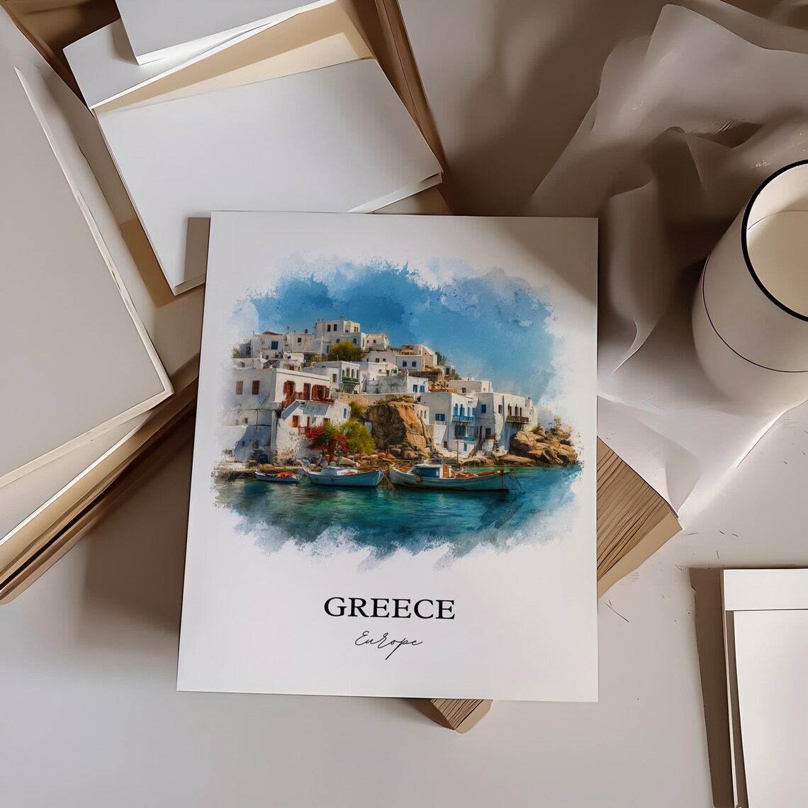 Greece Whitewashed Island Village Watercolor Fishing Boats Poster - Image 6