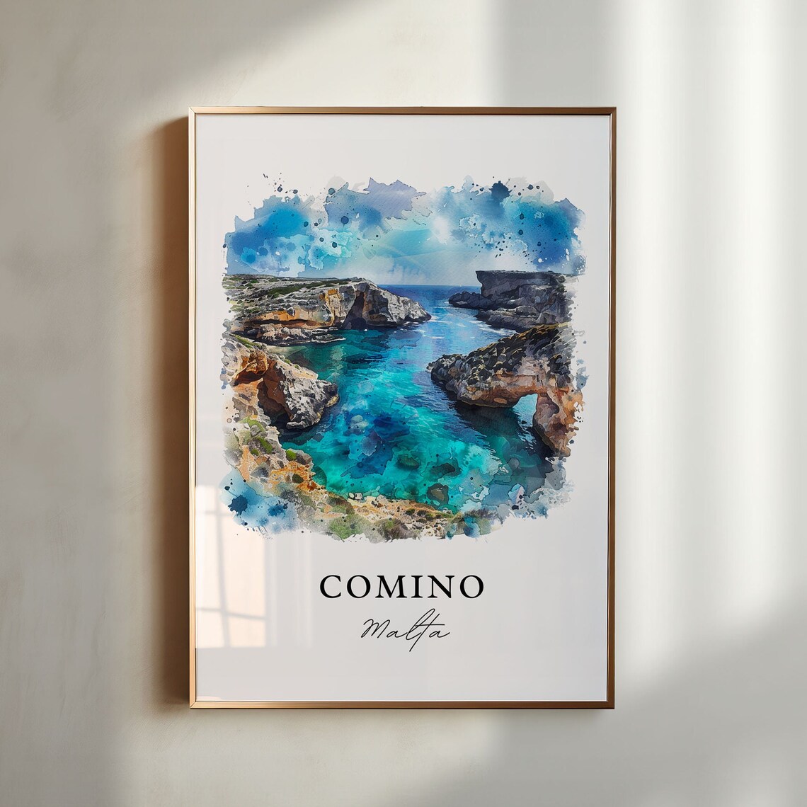 Comino Malta Turquoise Lagoon Cove Island Watercolor Travel Poster