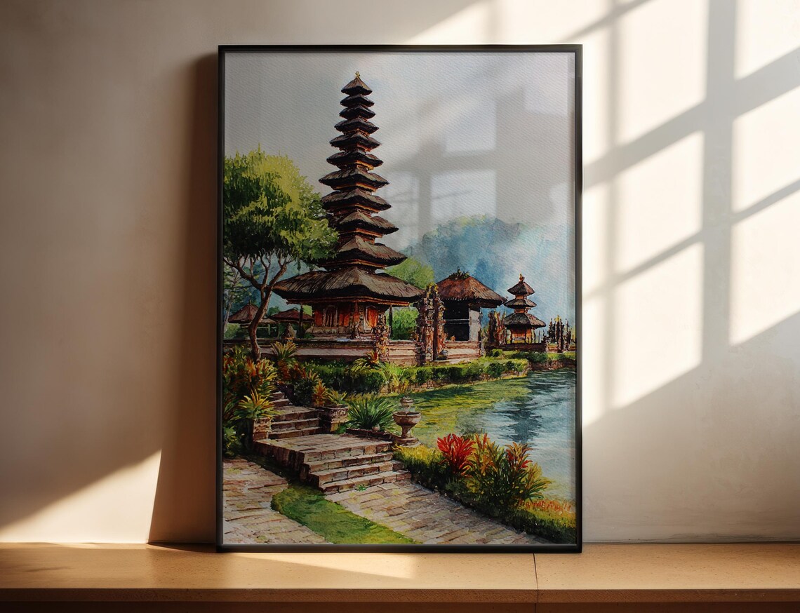 Serene Balinese Temple by the Lake Tropical Watercolor Poster