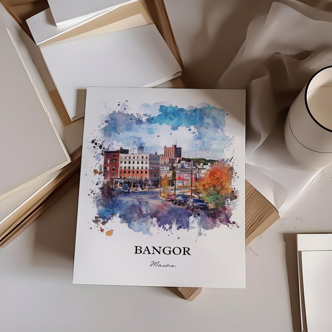 Bangor Maine Historic Downtown Street Autumn Watercolor City Poster - Image 2