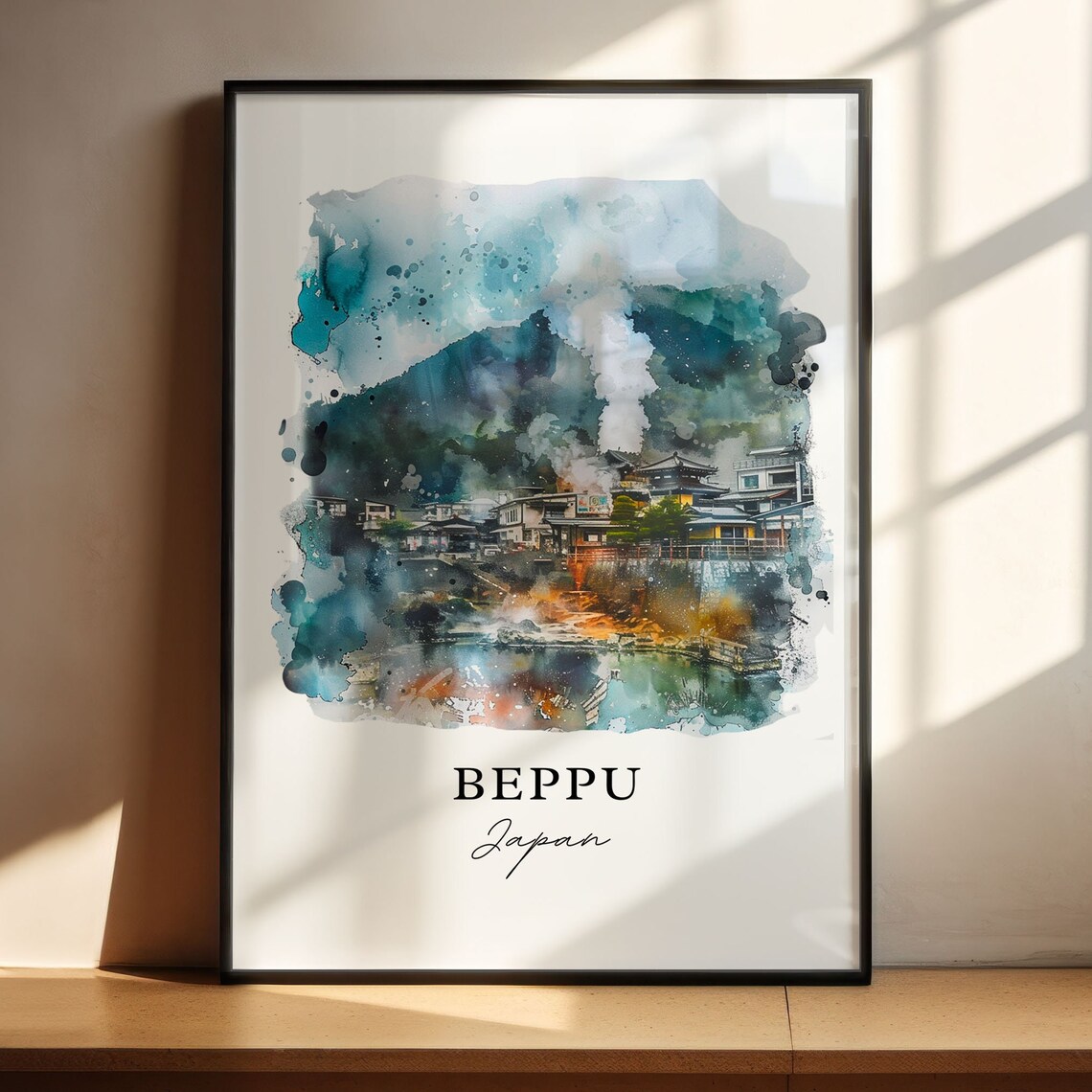 Beppu Japan Watercolor Hot Spring Mountain Town Scene Poster - Image 4