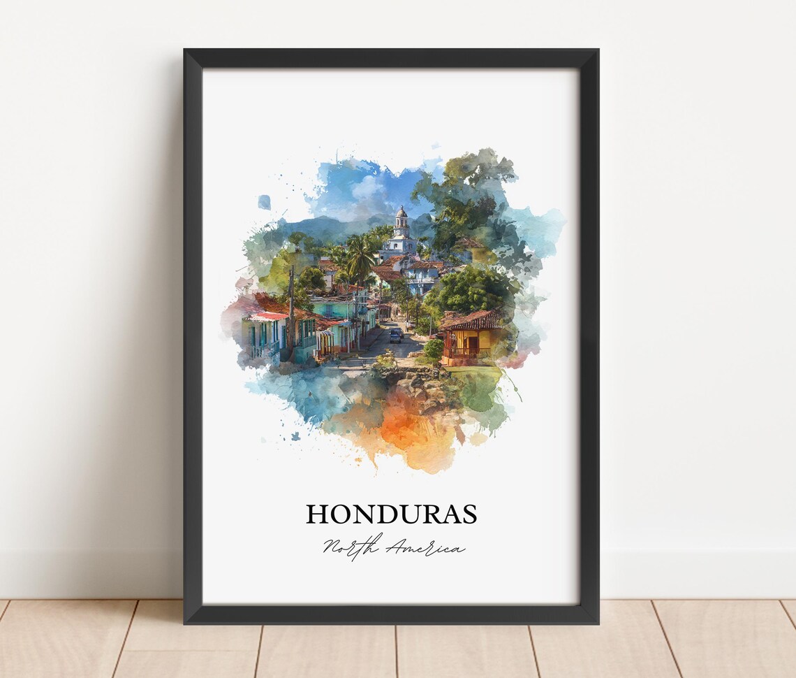 Honduras Central America Colonial Town Church Watercolor Poster - Image 2