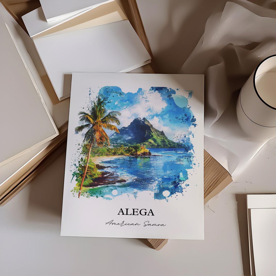 Alega American Samoa Volcanic Peak Palm Beach Watercolor Poster - Image 7