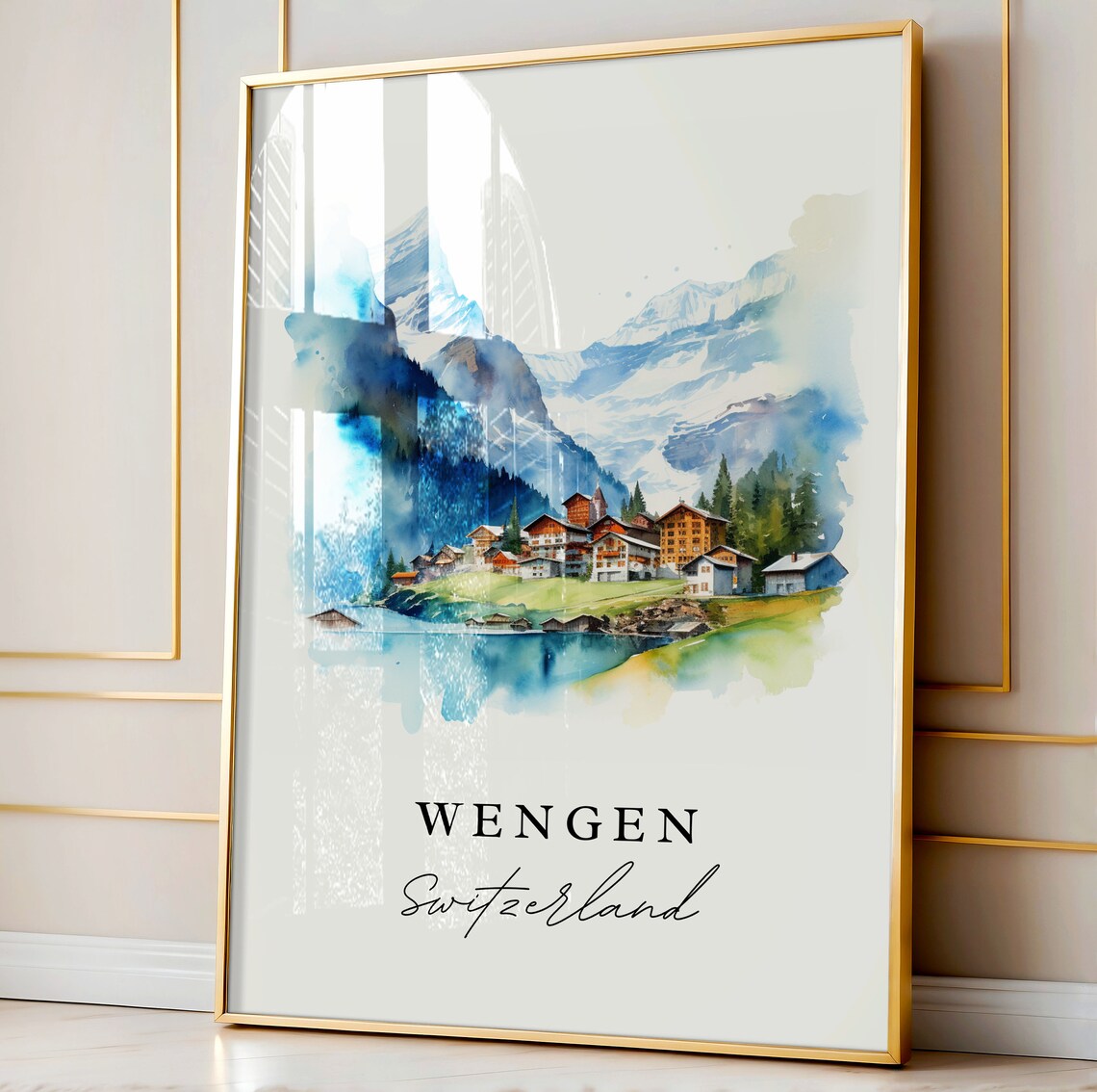 Wengen Switzerland Watercolor Alpine Village Lake Snowy Peaks Poster - Image 4