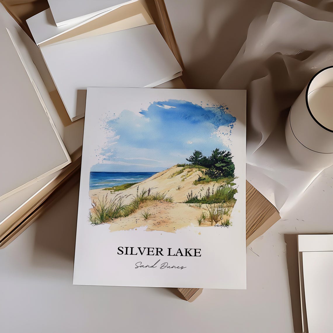 Silver Lake Sand Dunes Watercolor Beach Dune Scene Art Poster - Image 5