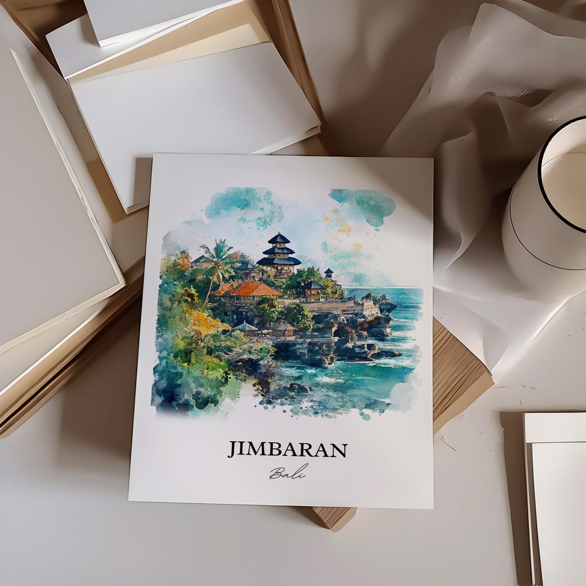 Jimbaran Bali Dreamy Watercolor Ocean Cliff Temple Sea View Poster - Image 3