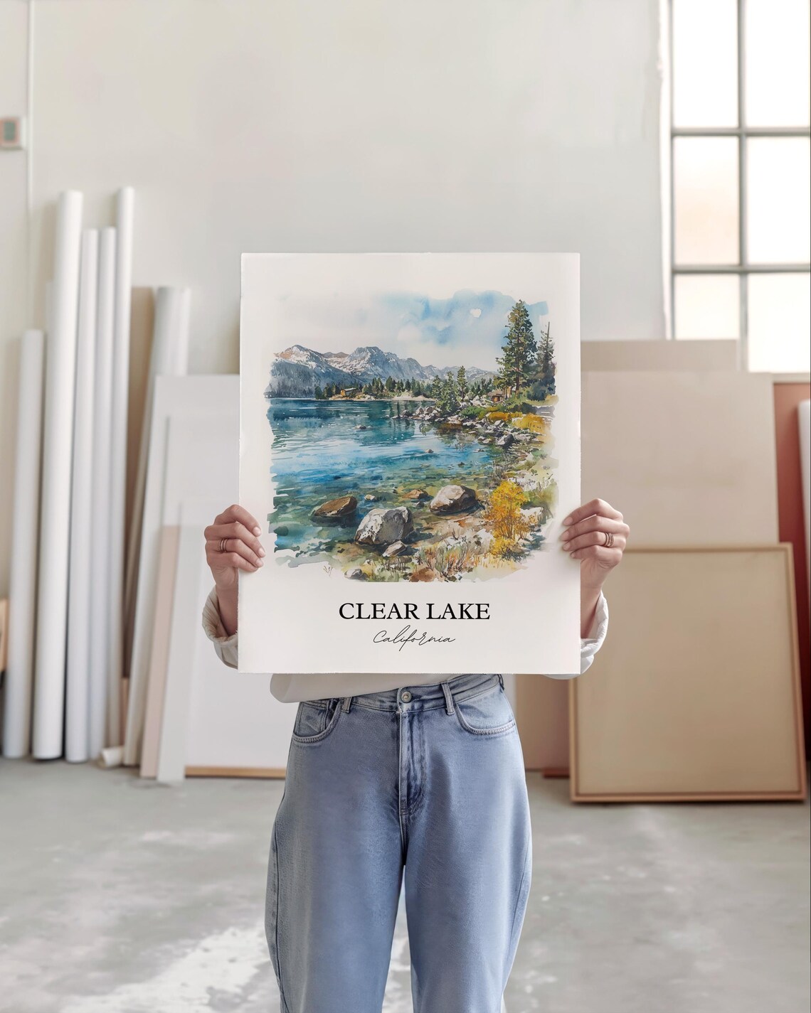 Clear Lake California Alpine Shoreline Pine Watercolor Lake Poster - Image 4