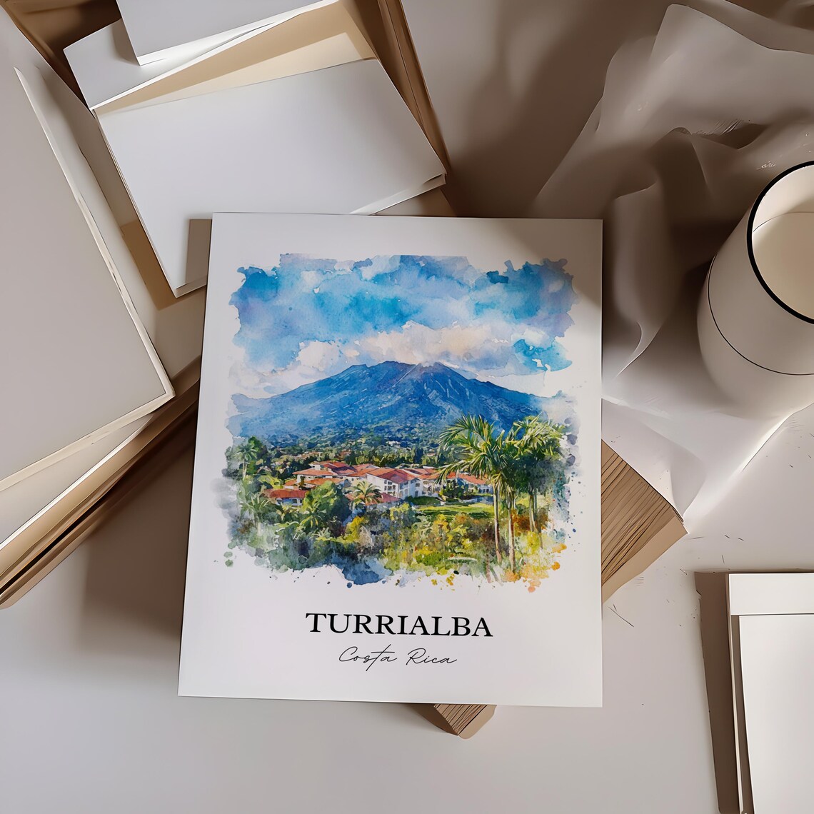 Turrialba Costa Rica Grand Volcano Palms Watercolor Travel Poster - Image 4