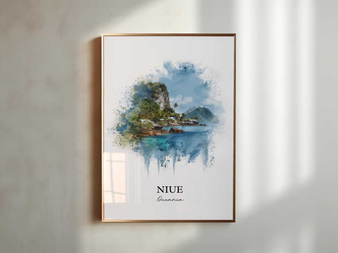 Niue Oceania Rocky Coast Cliffs Mountain Watercolor Travel Poster - Image 5