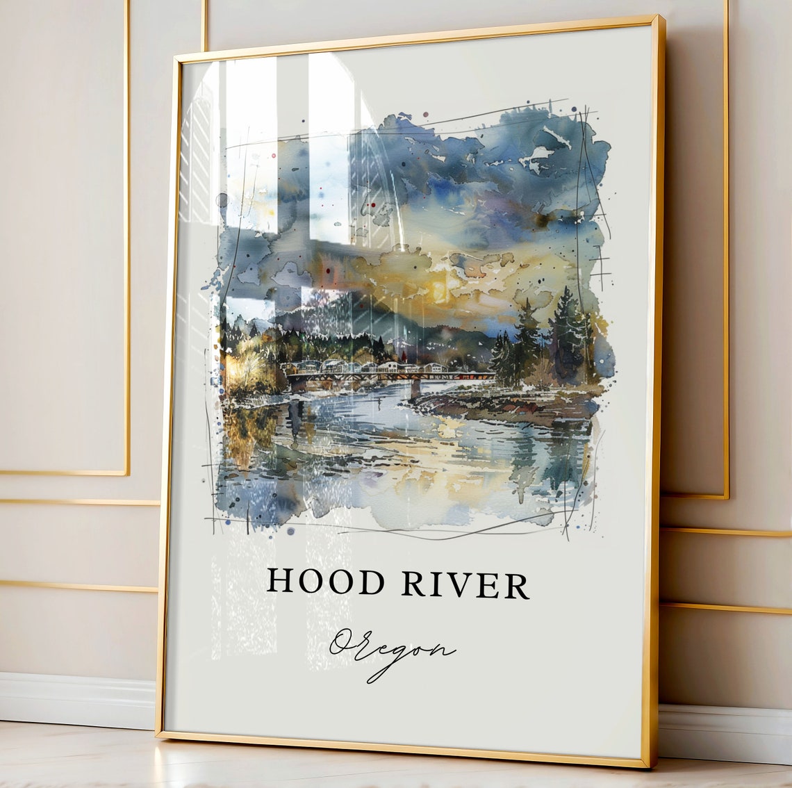Hood River Oregon Watercolor Sunset Bridge Mountain View Poster - Image 4