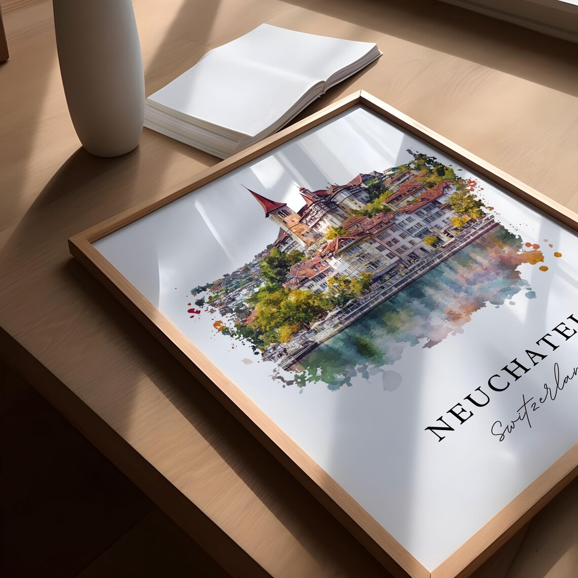 Neuchatel Switzerland Lake Town Castle Watercolor Travel Poster - Image 5