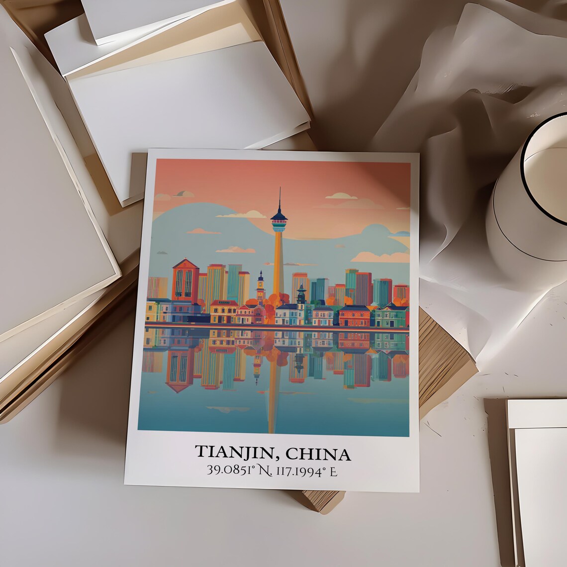 Tianjin China Riverside Skyline Landmark Tower Sunset Travel Poster - Image 4