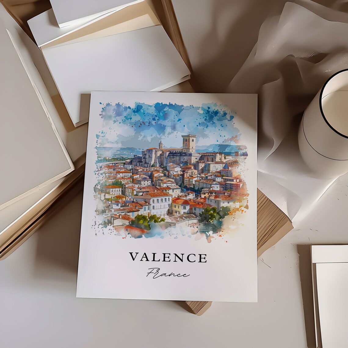 Valence France Hilltop Old Town Watercolor Panorama Travel Poster - Image 6