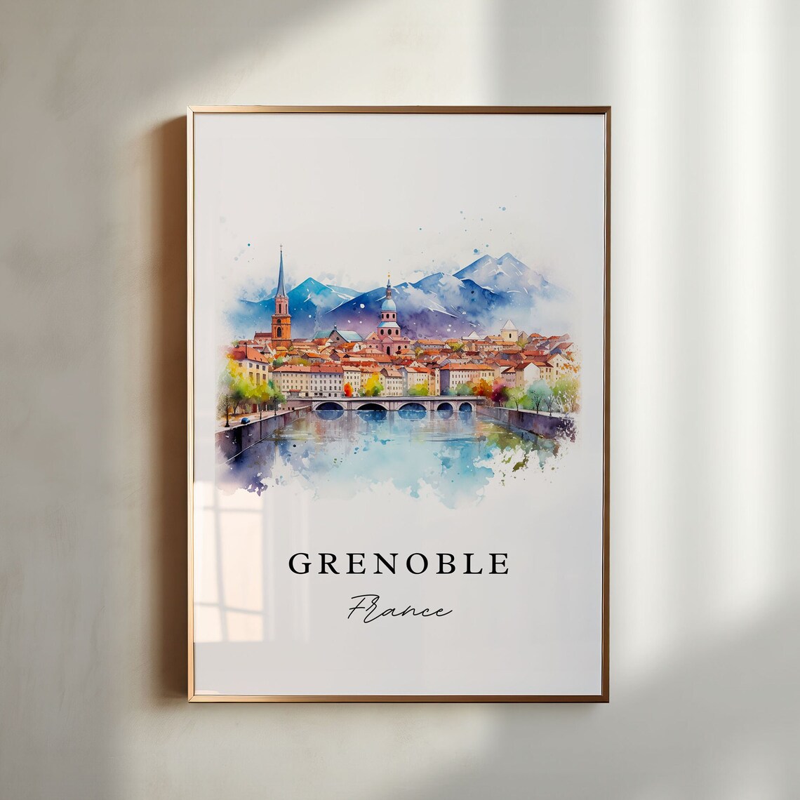 Grenoble France Alpine Mountain Cityscape Watercolor River Poster