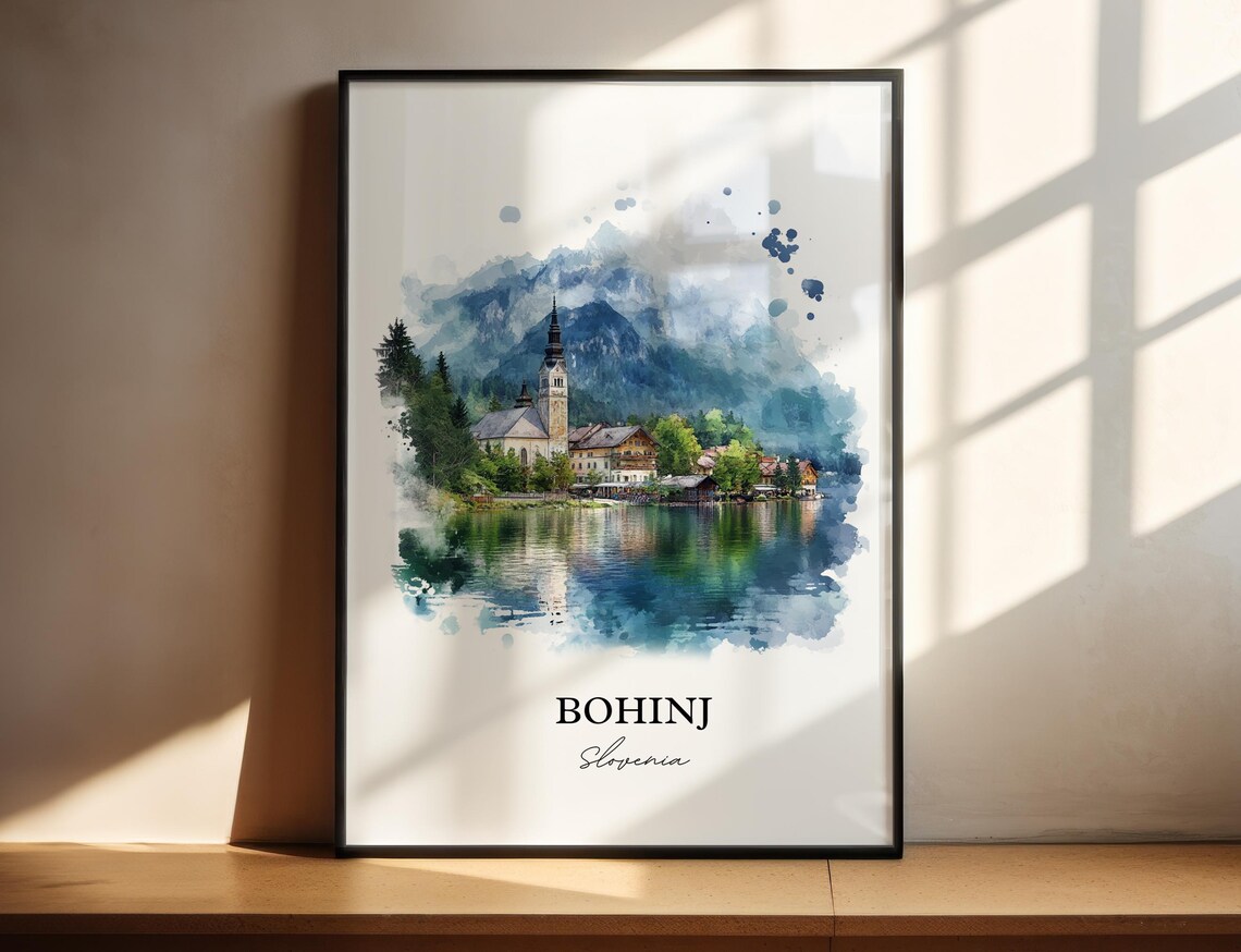 Bohinj Slovenia Watercolor Lake Church Alpine Mountain Poster