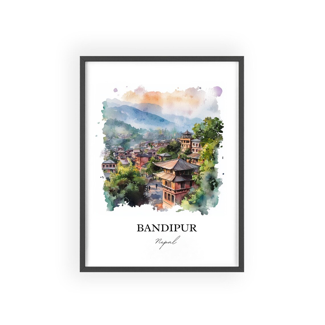 Bandipur Nepal Watercolor Charming Hill Town Pagoda Travel Poster - Image 2