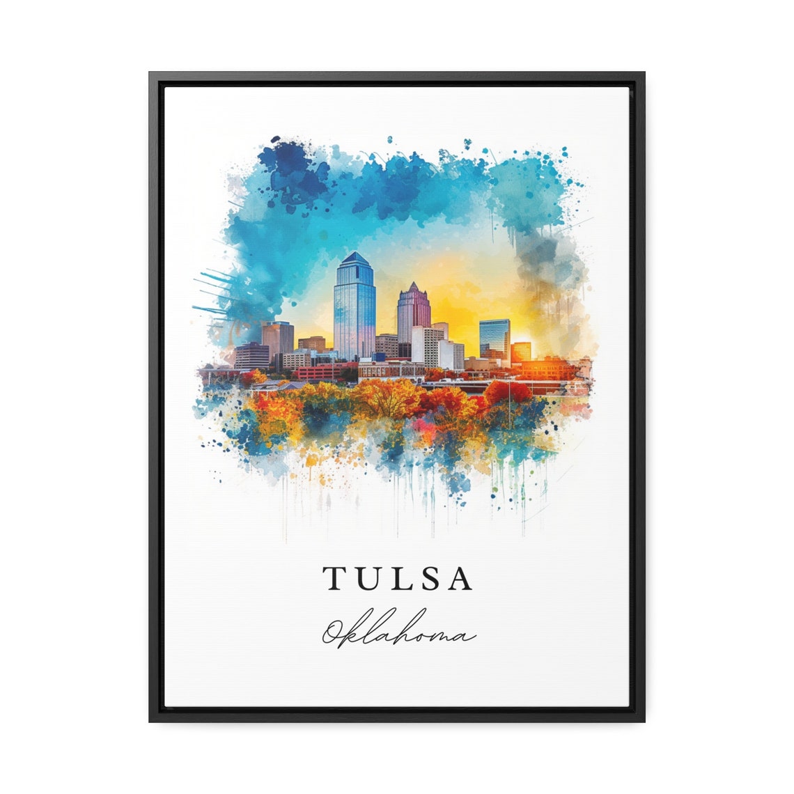Tulsa Oklahoma Downtown Skyline Sunset Cityscape Watercolor Poster - Image 2