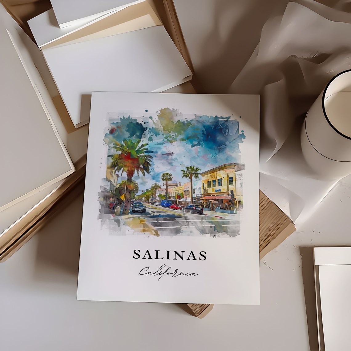 Salinas California Charming Palm Lined Street Watercolor Poster - Image 5