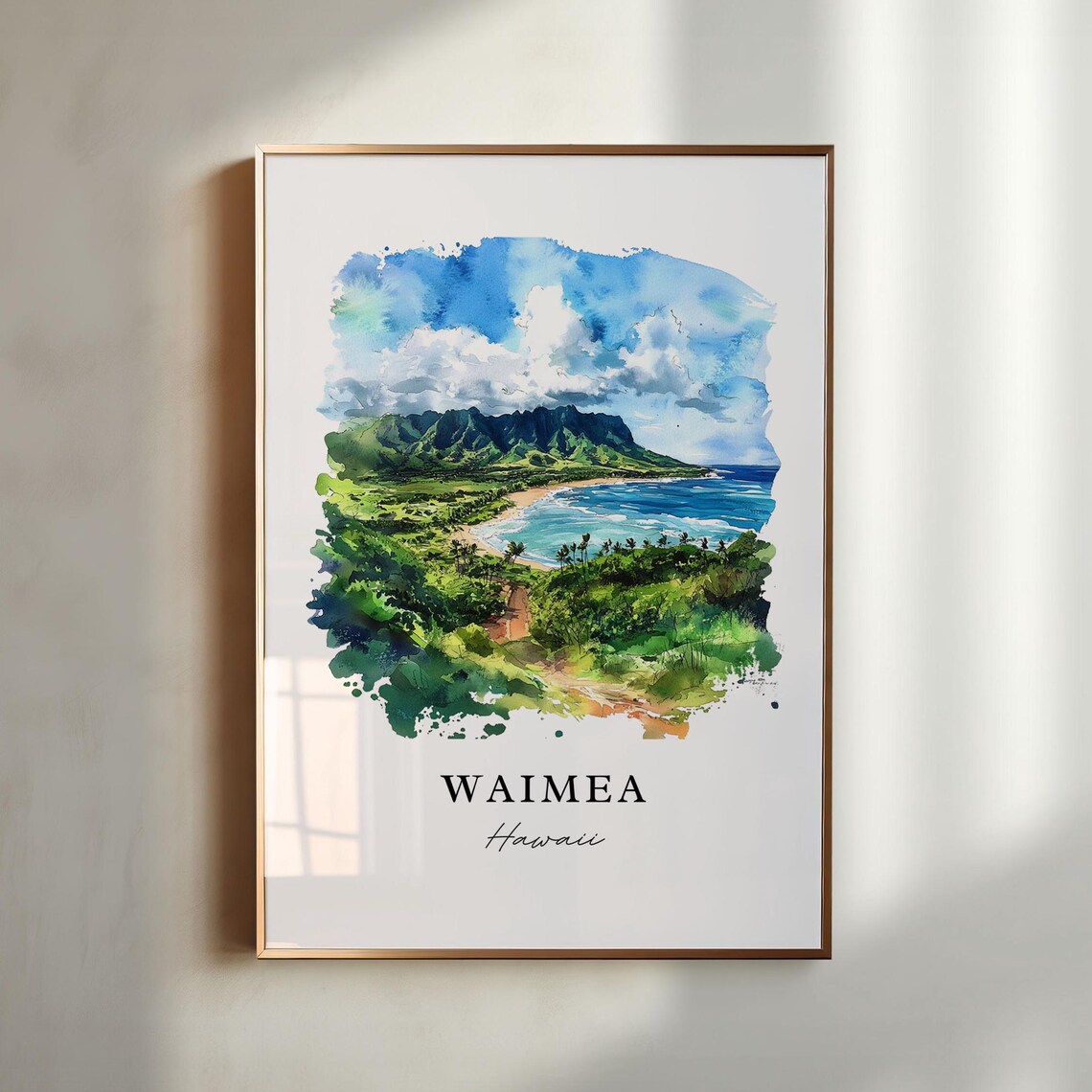 Waimea Hawaii Lush Coast Mountain Beach Watercolor Travel Poster