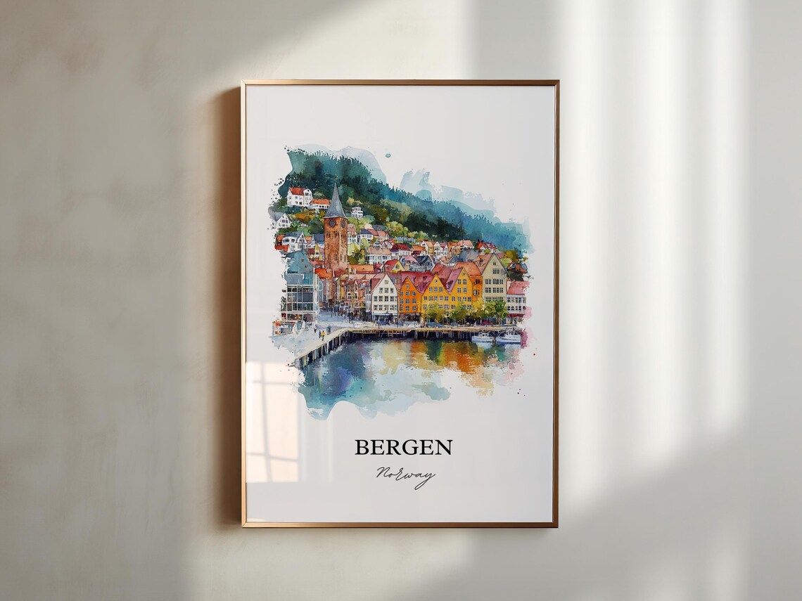 Bergen Norway Colorful Wharf Houses Watercolor Travel Poster - Image 2