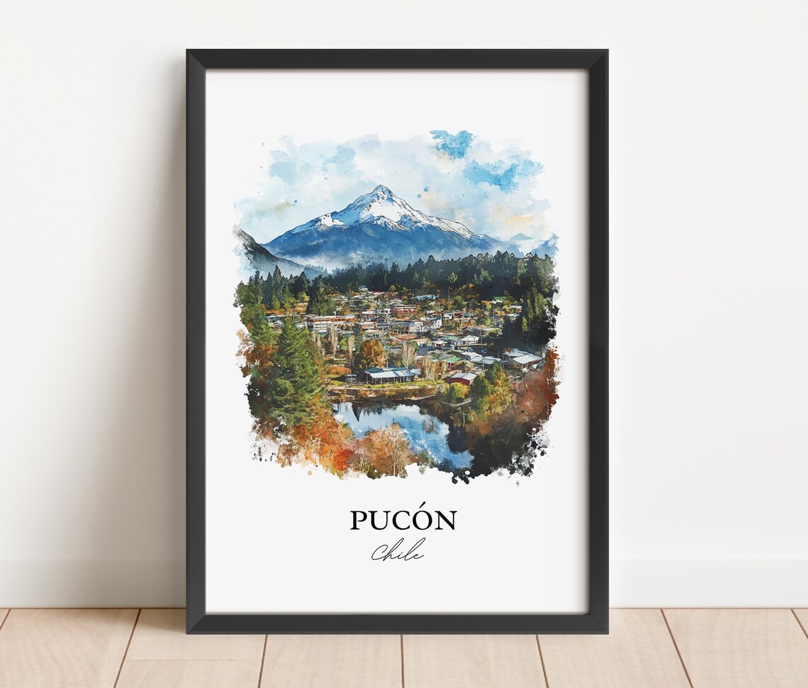 Pucon Chile Watercolor Snow Capped Volcano Lake Town Travel Poster - Image 4