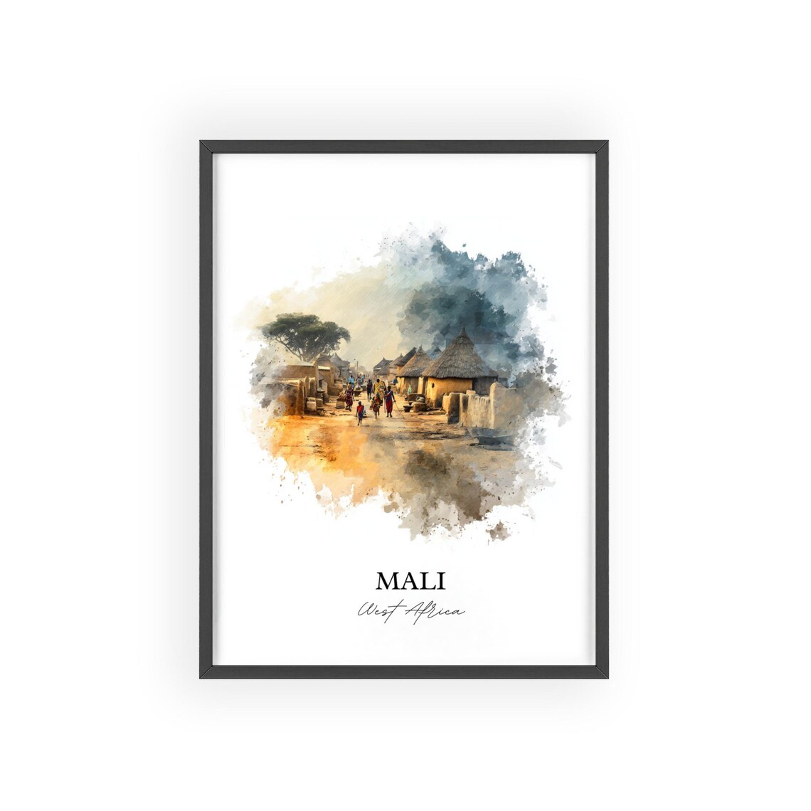 Mali West Africa Thatched Hut Village Street Watercolor Poster - Image 2