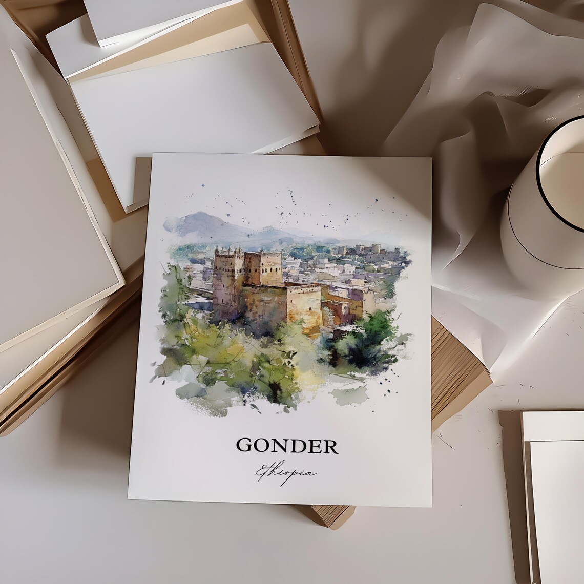 Gonder Ethiopia Castle Watercolor Historic Landmark Travel Poster - Image 3