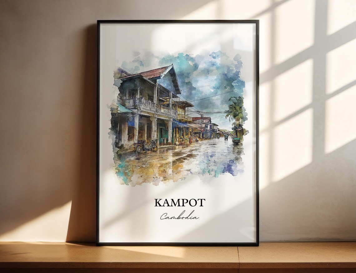 Kampot Cambodia Watercolor Colonial Shophouse Street Scene Poster