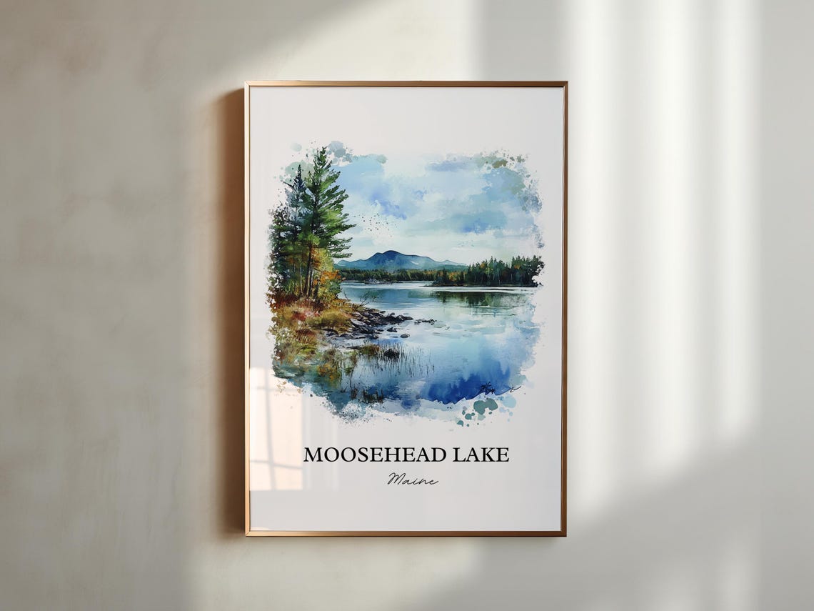 Moosehead Lake Maine Pine Shoreline Mountain Watercolor Poster - Image 5
