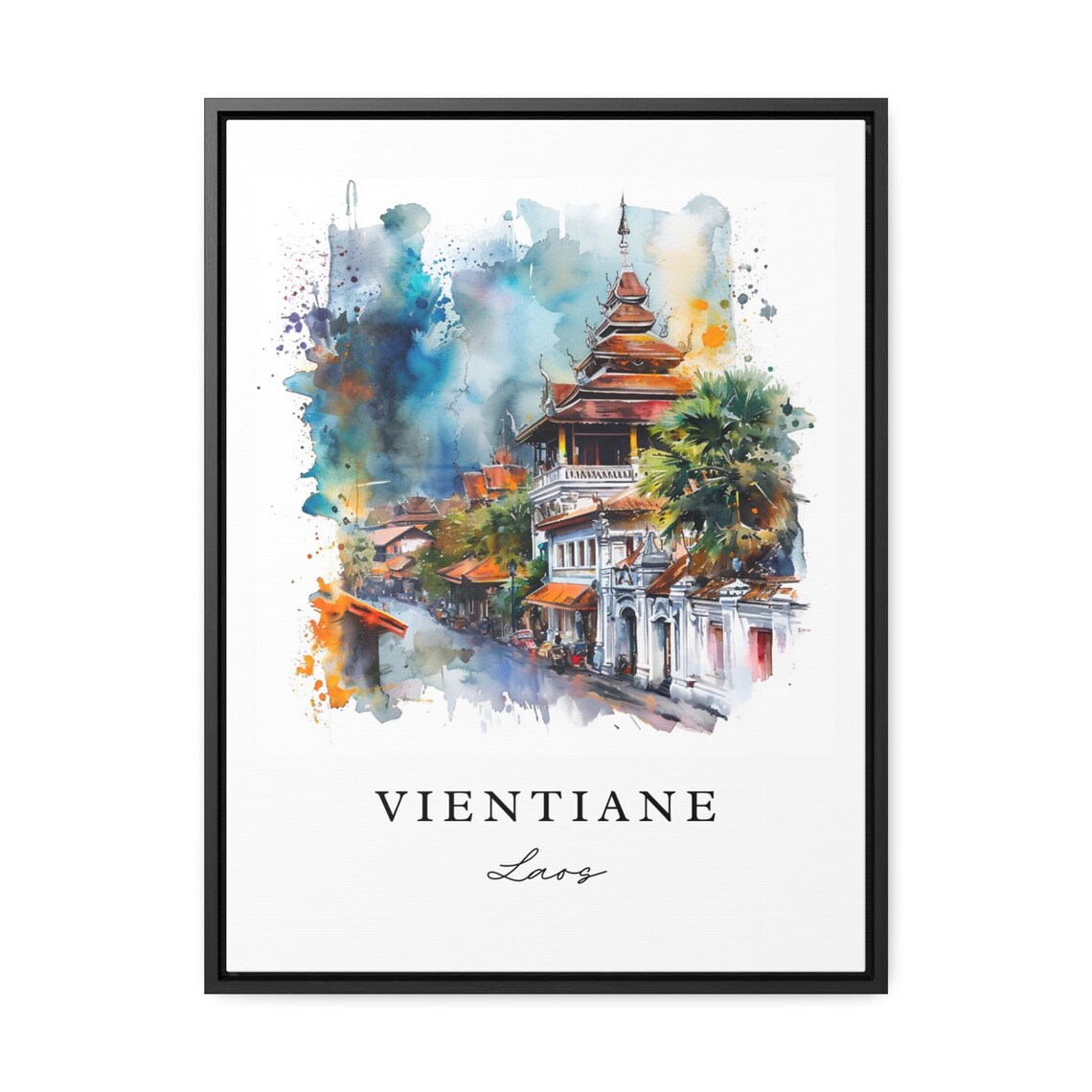 Vientiane Laos Watercolor Temple Street Pagoda Travel Poster - Image 3