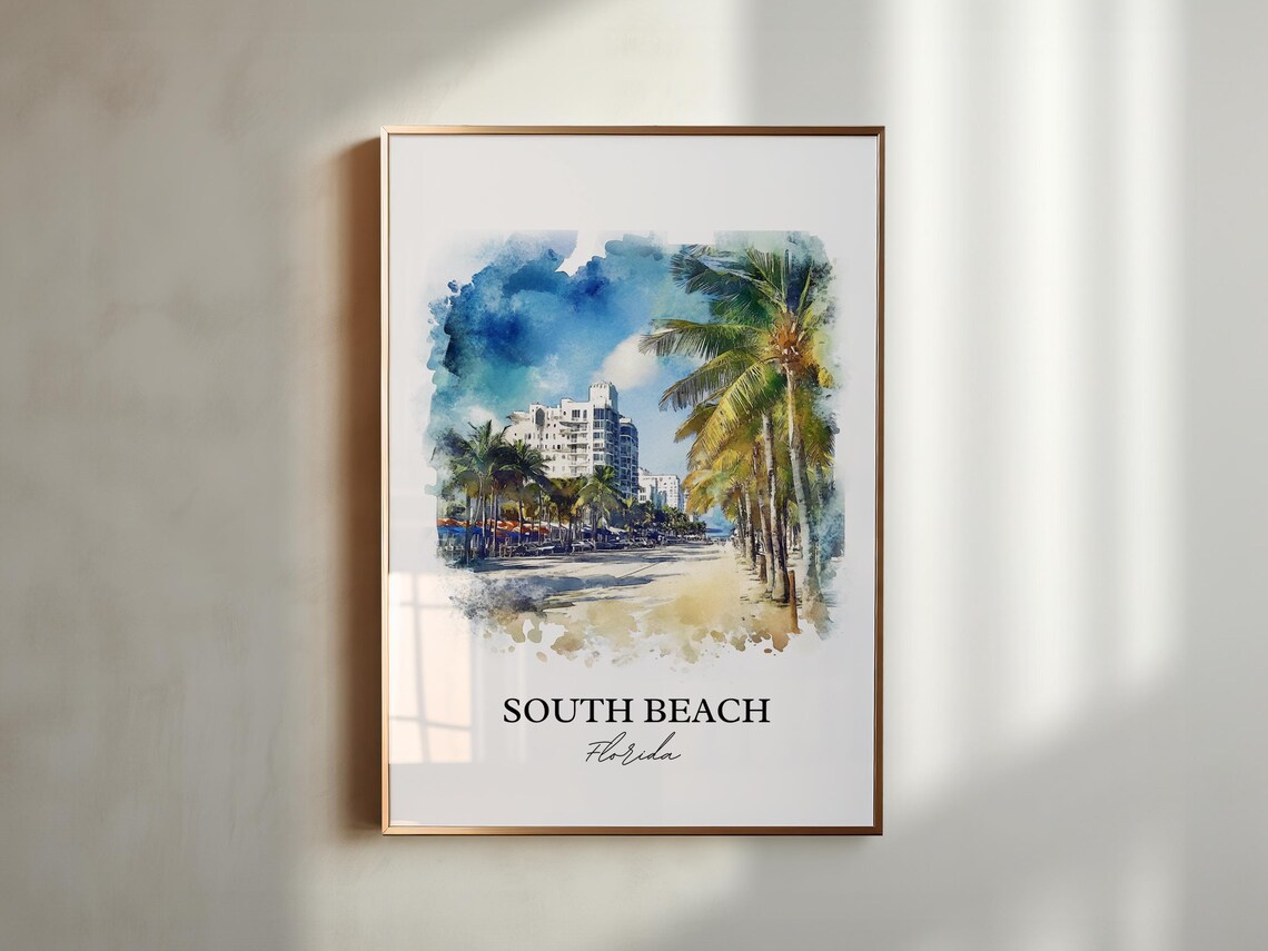 South Beach Florida Palm Trees Art Deco Watercolor Beach Poster - Image 5