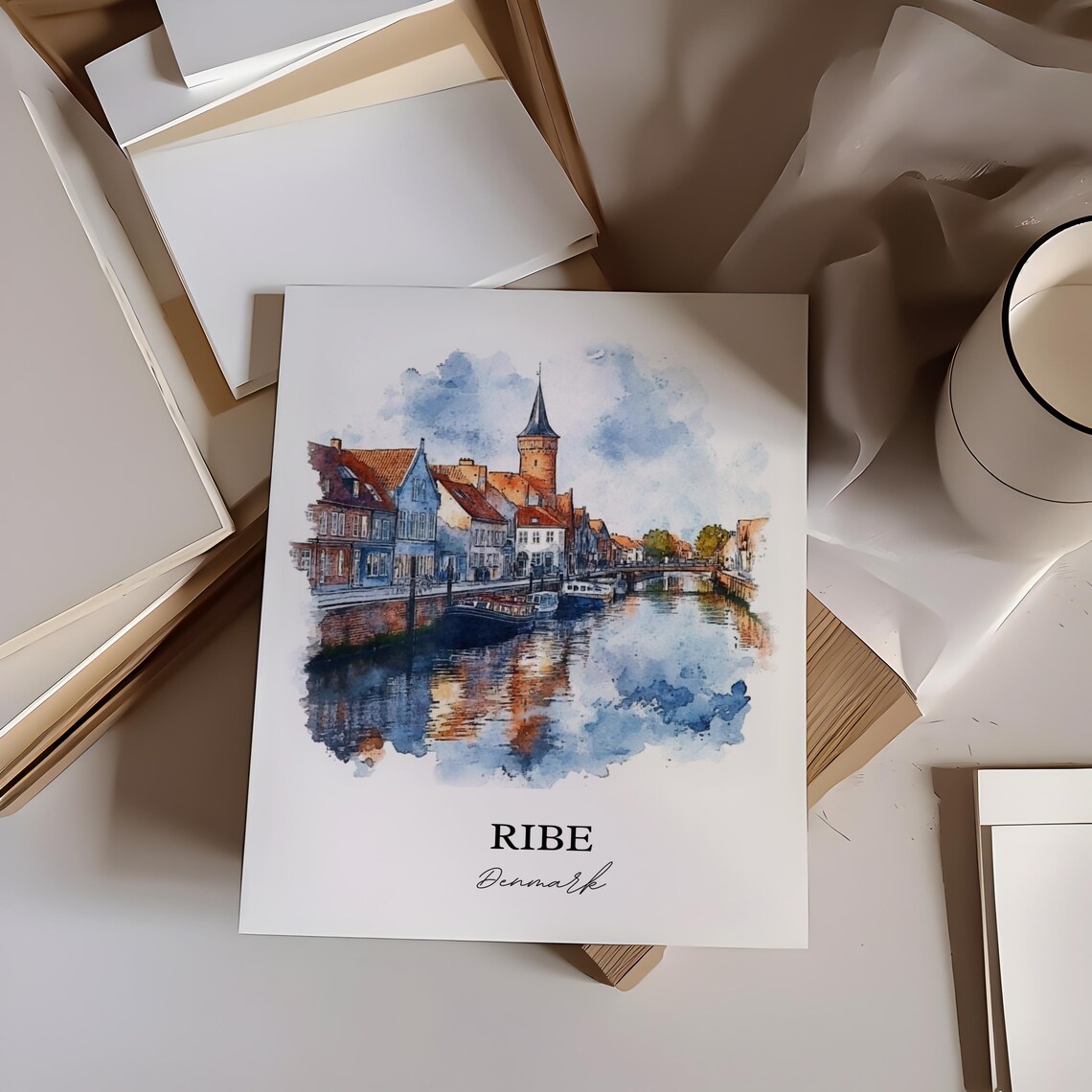 Ribe Denmark Old Town Canal and Church Tower Watercolor Poster - Image 2