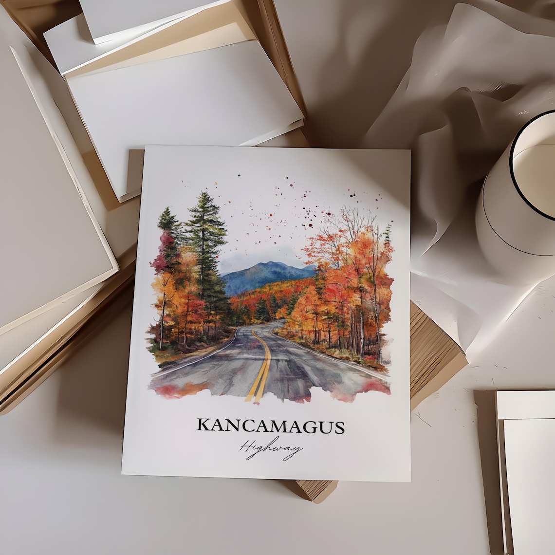 Kancamagus Highway Fall Foliage Mountain Road Watercolor Poster - Image 5