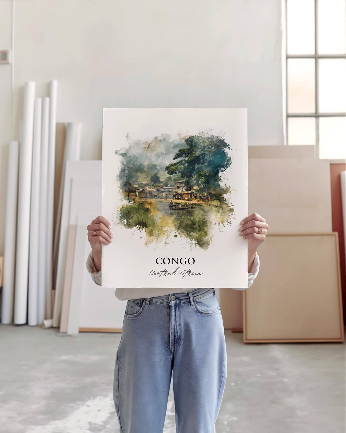 Congo Central Africa Riverside Village Watercolor Travel Poster - Image 4