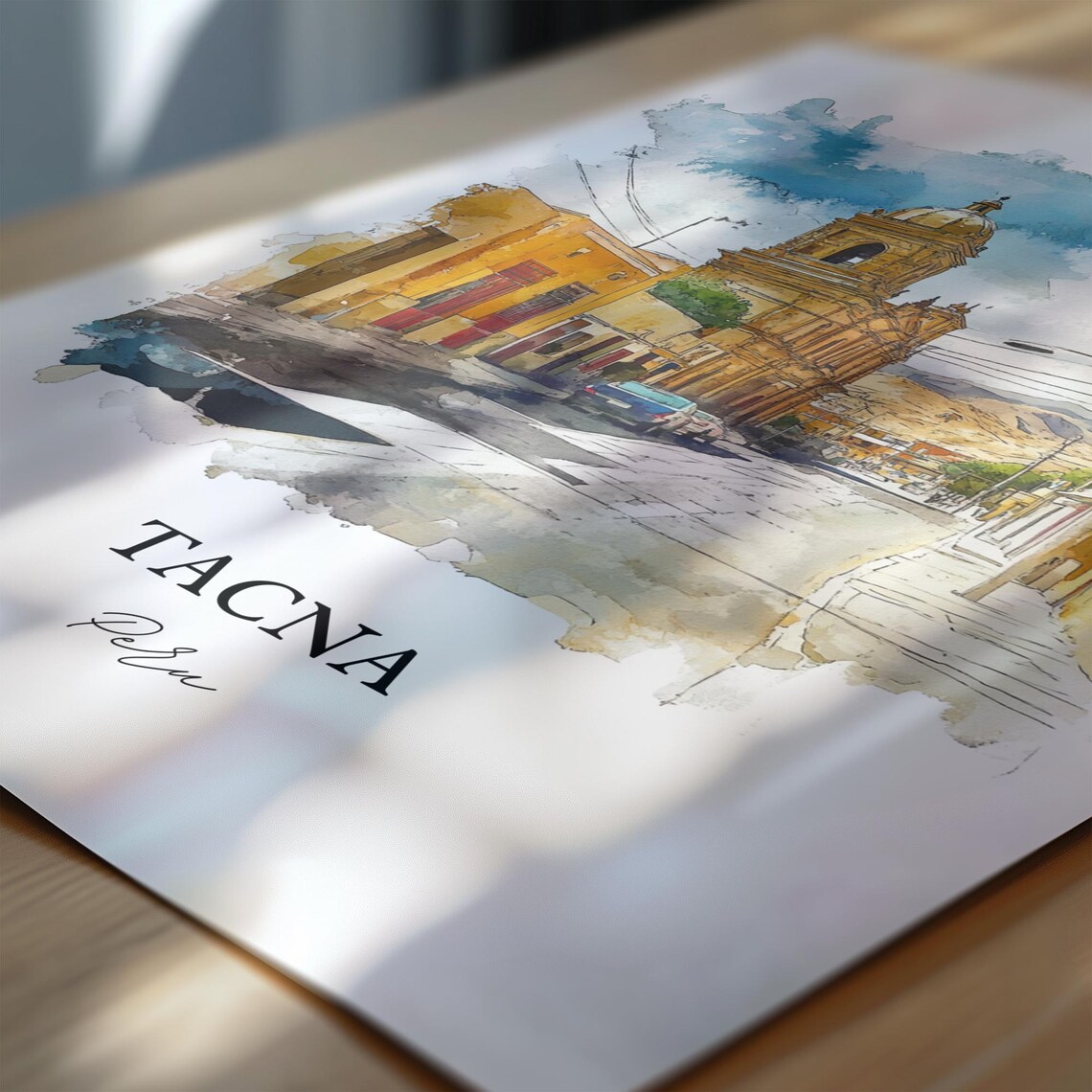 Tacna Peru Watercolor Street Domed Church Tower Cityscape Poster - Image 6
