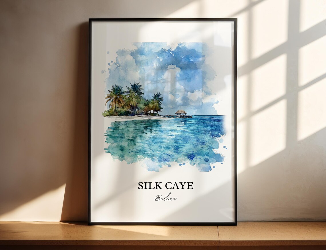 Silk Caye Belize Tropical Island Watercolor Ocean Beach Scene Poster