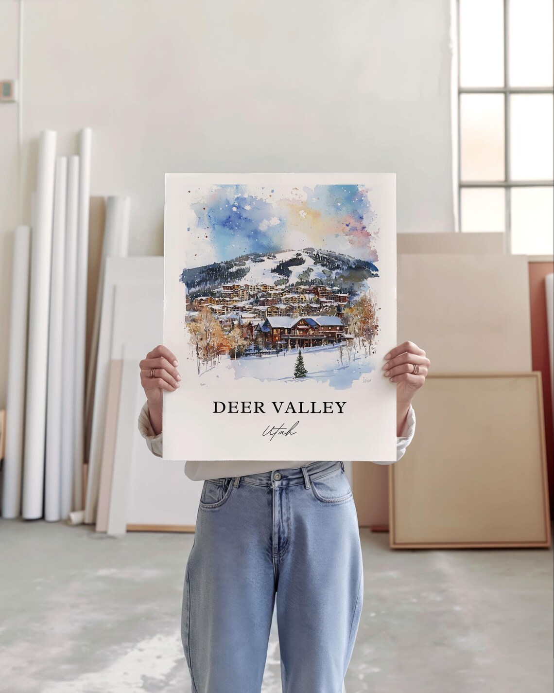 Deer Valley Utah Snowy Ski Resort Watercolor Winter Travel Poster - Image 5