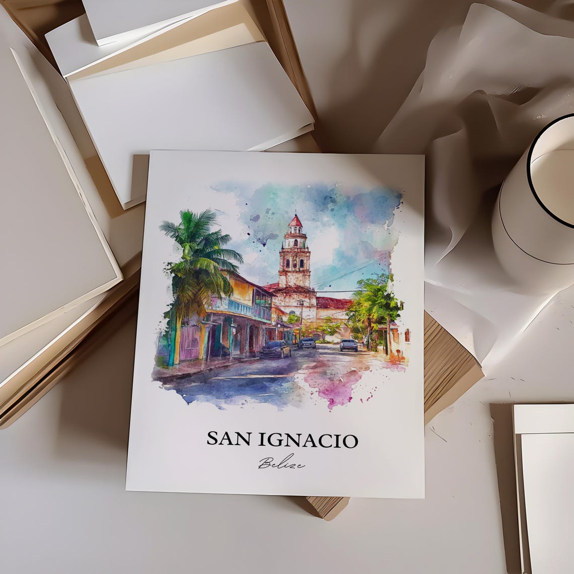 San Ignacio Belize Colonial Church Tower Watercolor Scene Poster - Image 4