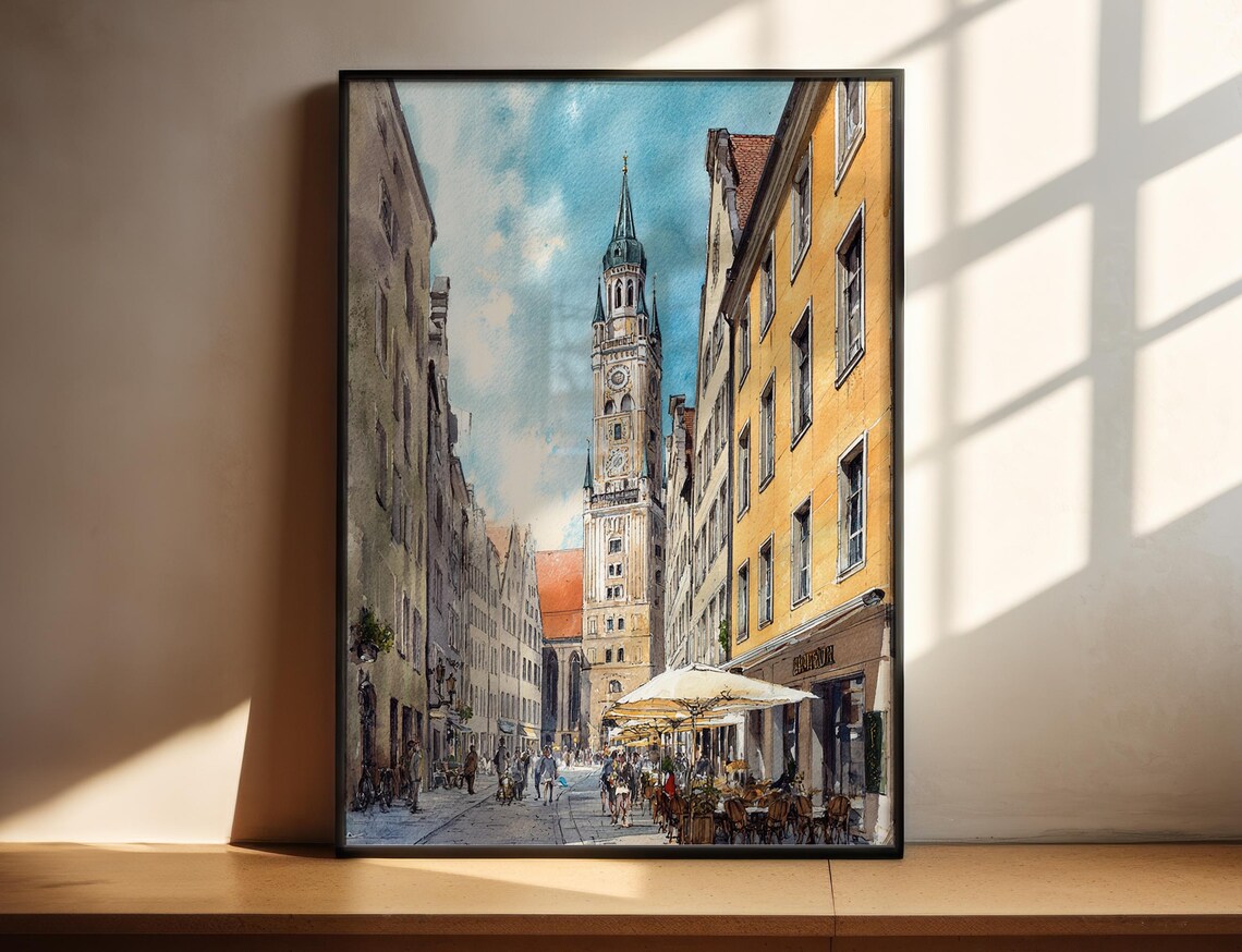 Historic European Old Town Street With Clock Tower Watercolor Poster
