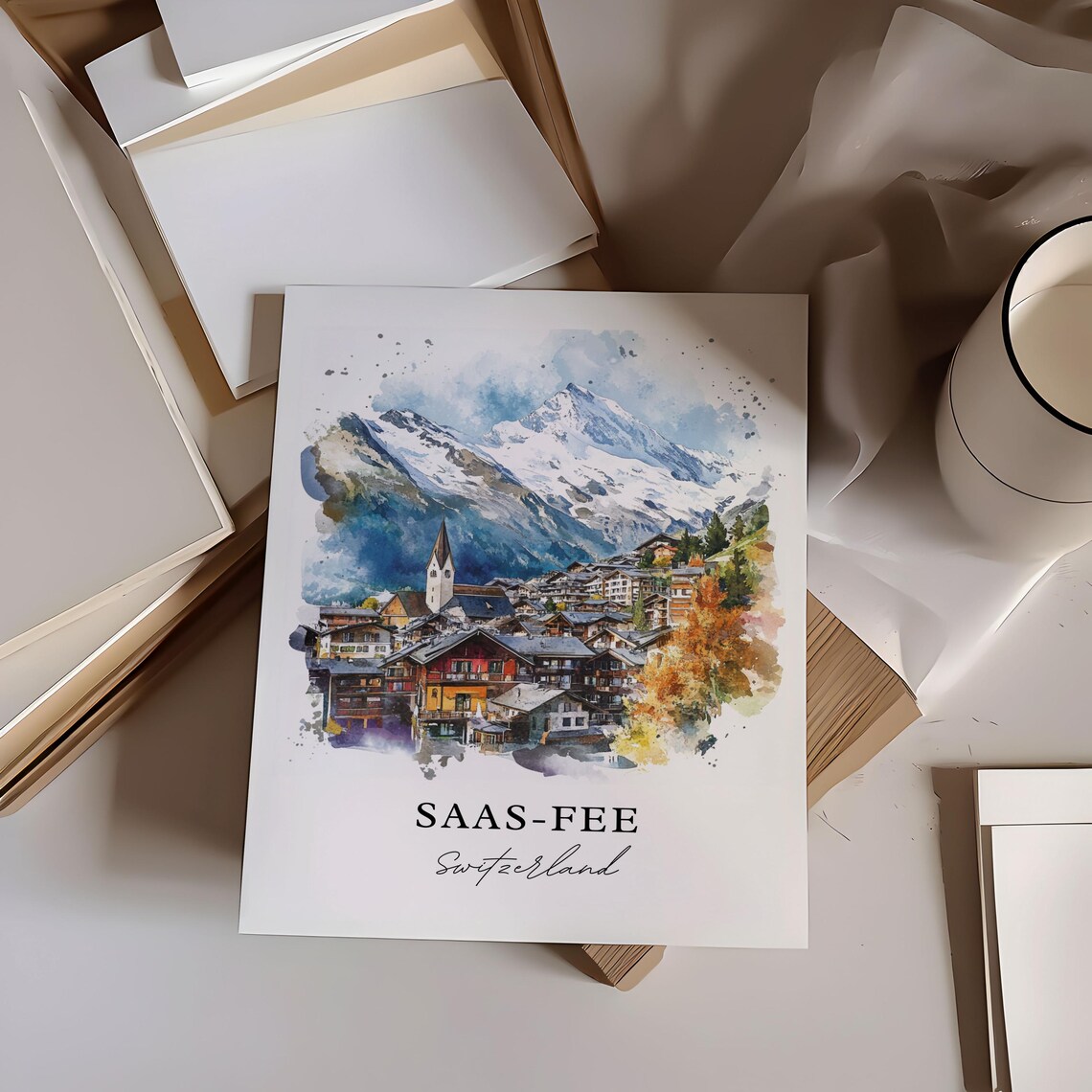 Saas Fee Switzerland Alpine Chalets Watercolor Snowy Peaks Poster - Image 6