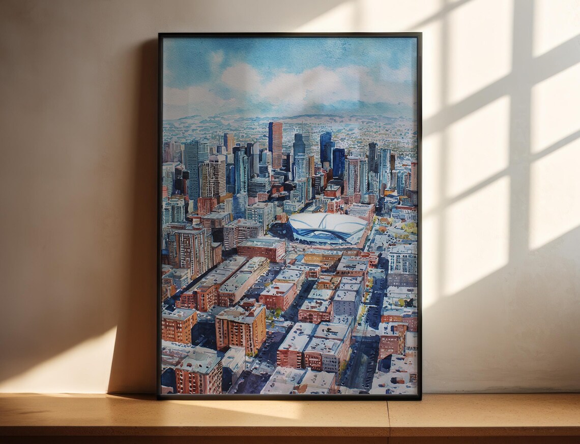 Denver Colorado Watercolor Skyline Aerial Cityscape Travel Poster