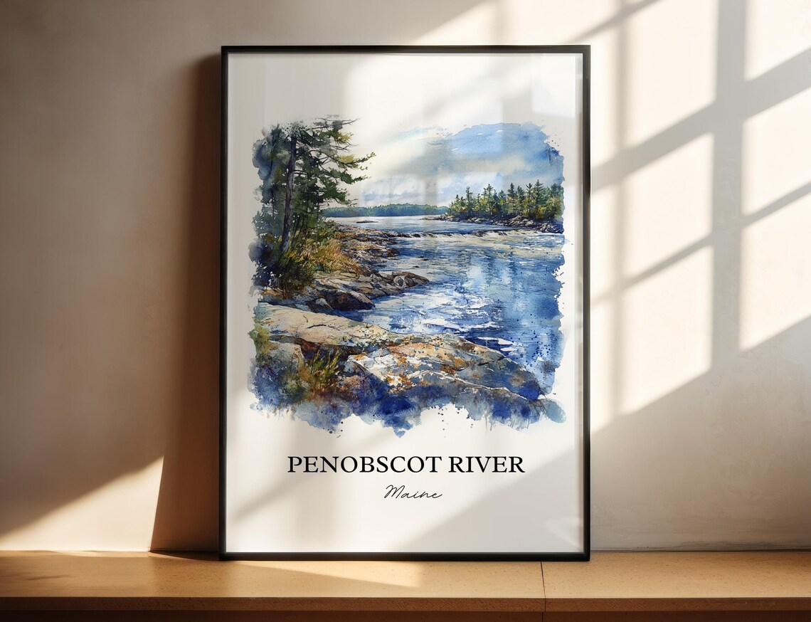 Penobscot River Maine Rocky Banks Pine Forest Watercolor Poster