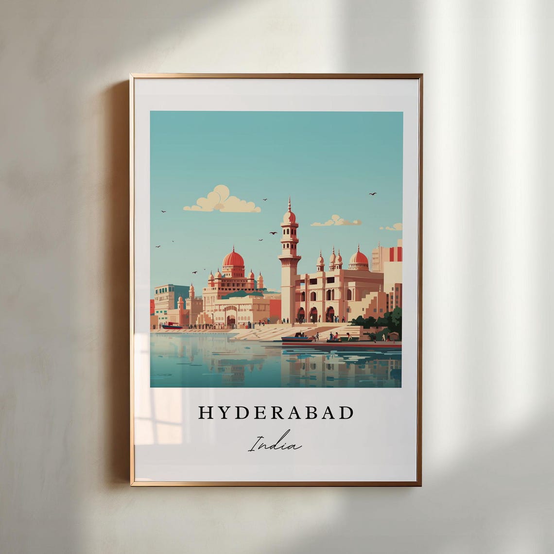Hyderabad India Flat Vector Art Riverside Mosque Domes Poster